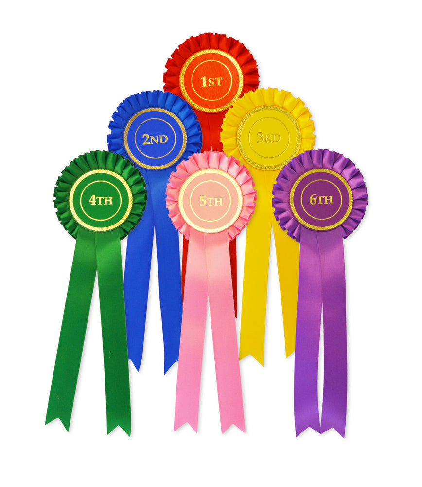 
            
                Load image into Gallery viewer, Six coloured one tier rosettes numbered 1st to 6th
            
        