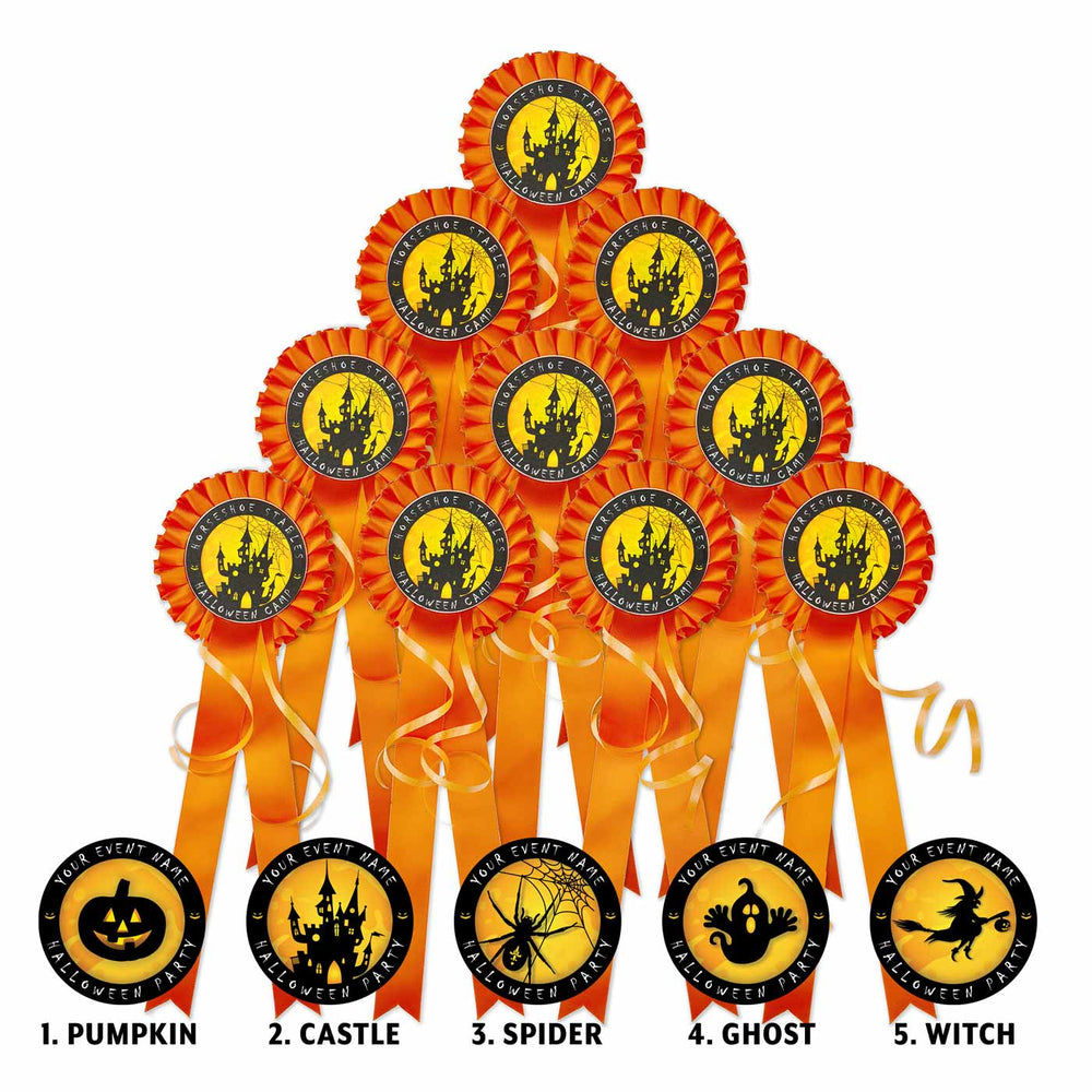 
            
                Load image into Gallery viewer, Set of ten orange Halloween-themed rosettes.
            
        