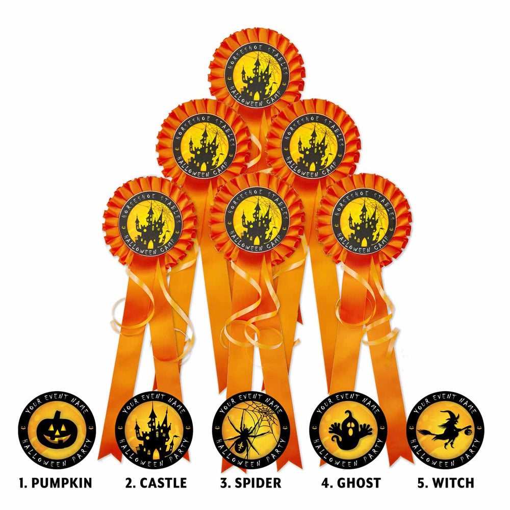 Set of six orange Halloween-themed rosettes.