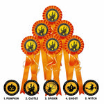 Set of six orange Halloween-themed rosettes.